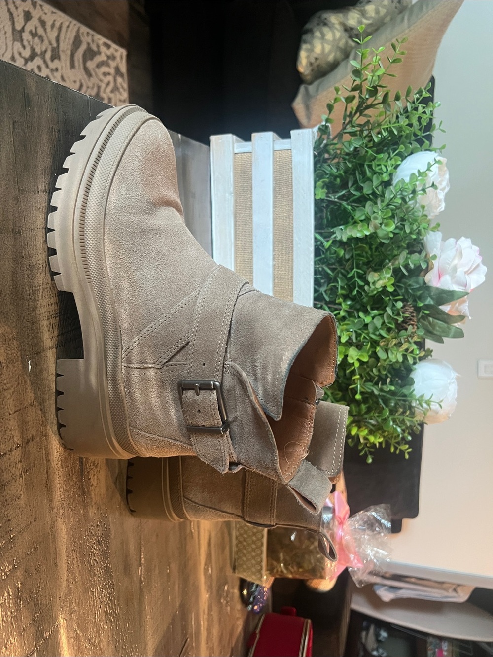 Lucky Brand Taupe Suede Lug-Sole Ankle Boots with Buckle